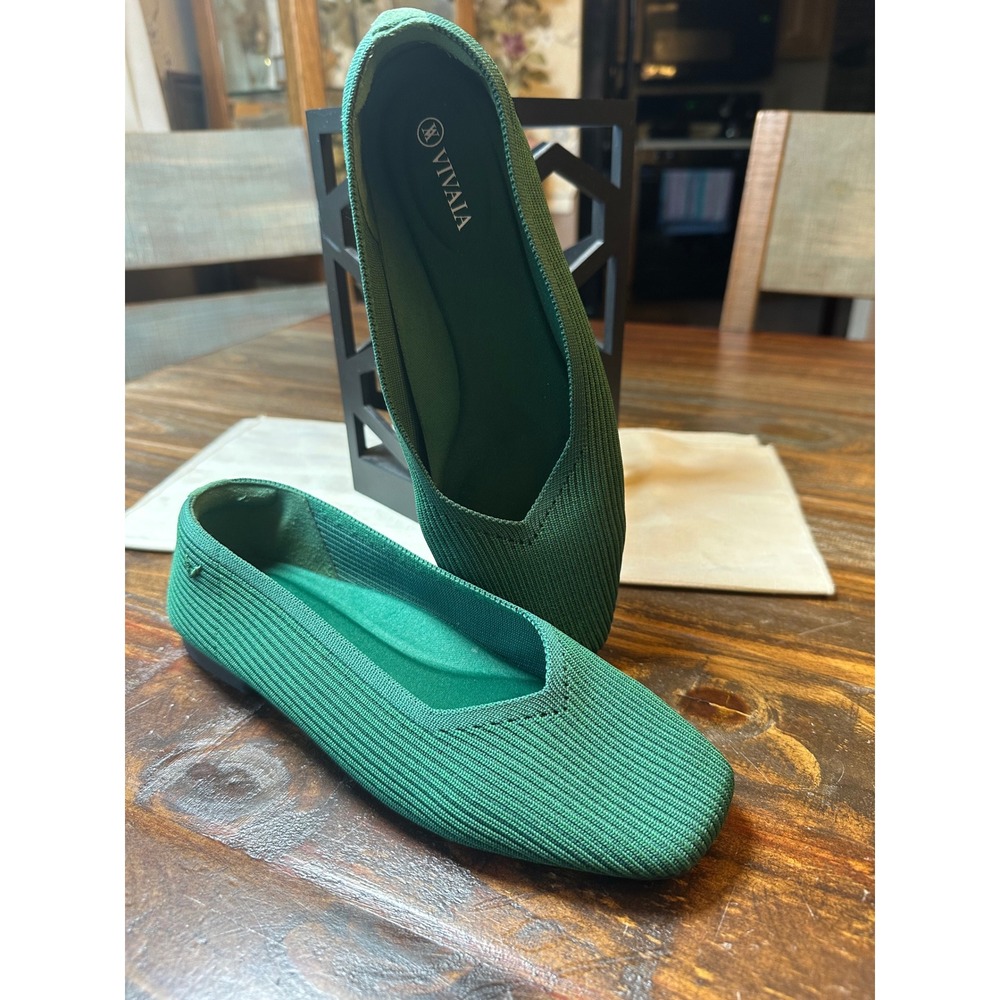 Vivaia Margot Green Ribbed Knit Square Toe Flats Shoes Size 39 EU Womens or 8.5